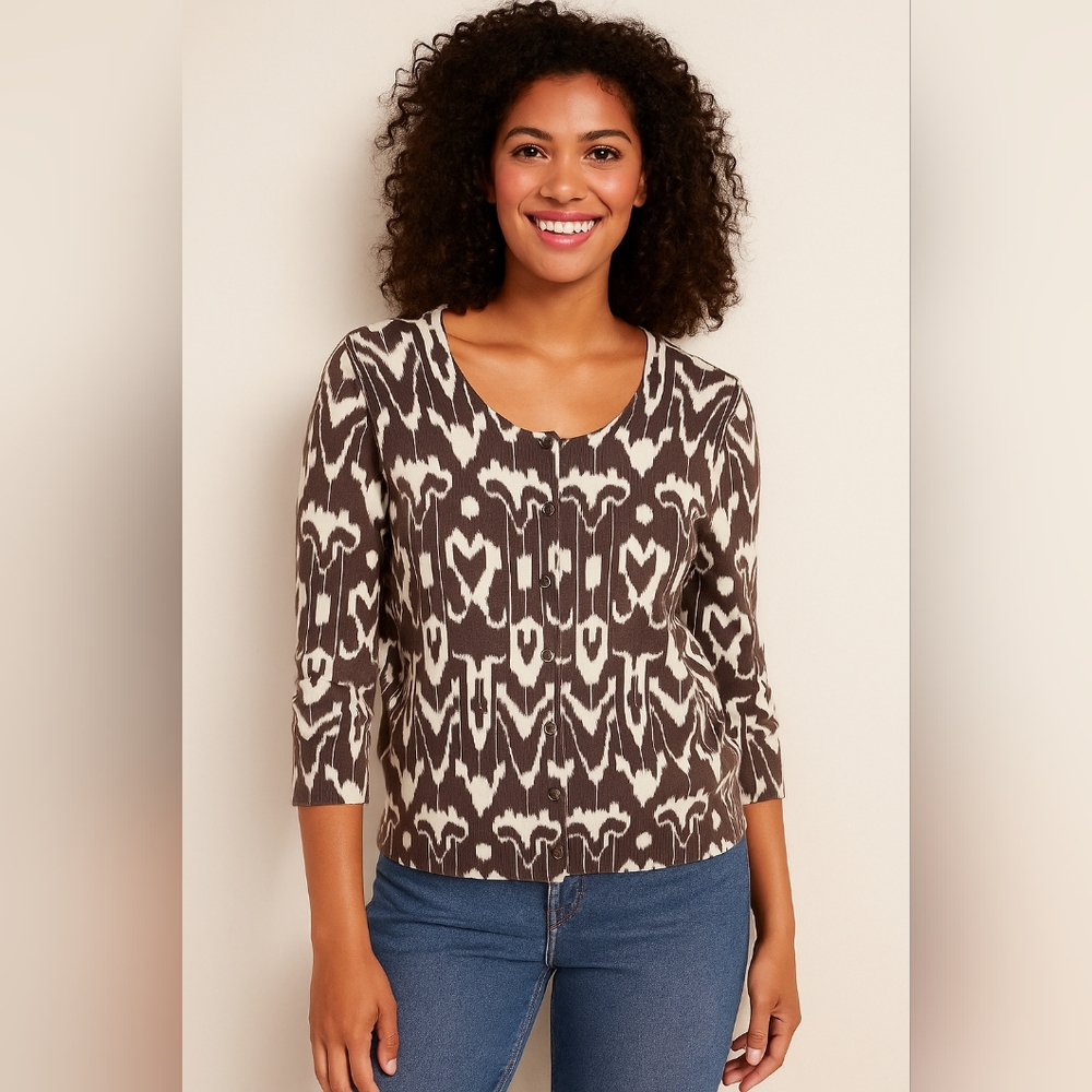 Talbots Petites M Brown & White Ikat Print Cotton Silk Cardigan Sweater